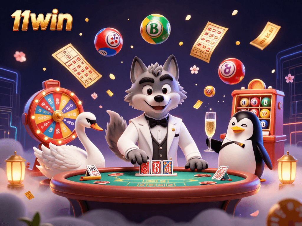 Experience 11WIN's lavish gambling atmosphere with a debonair wolf and elegant characters dealing thrilling casino moments.