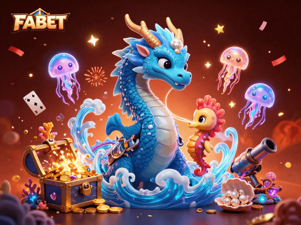 Experience thrilling gameplay at FABET with an azure water dragon and seahorse knight amidst magical underwater riches.