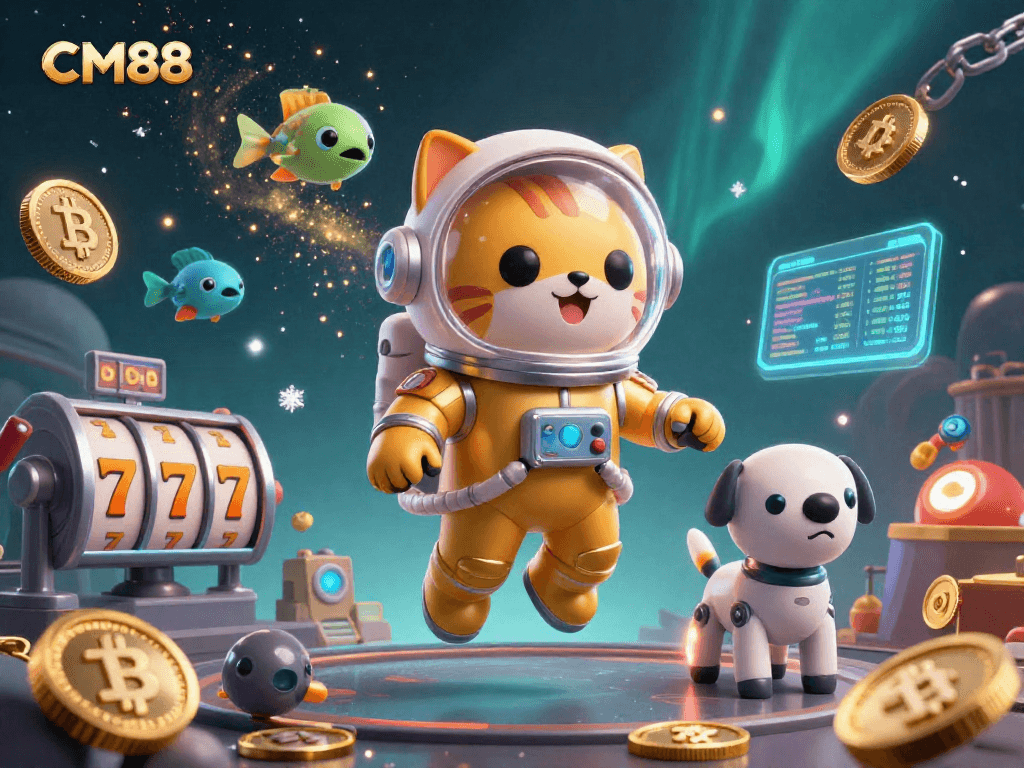 Engage with CM88's thrilling gaming world as the astronaut cat and robot dog explore a vibrant casino space.