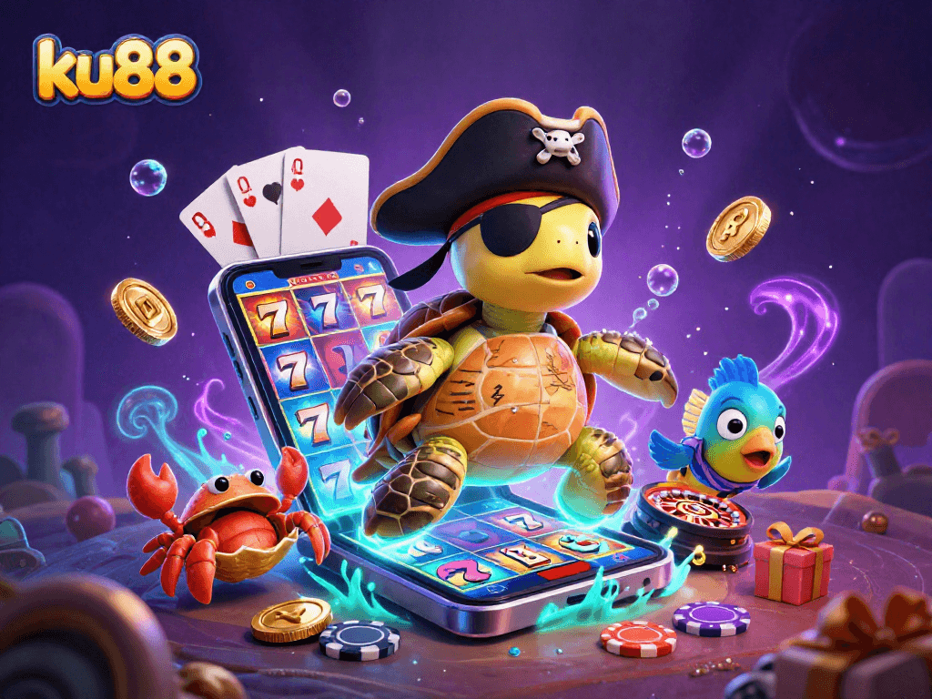 ku88 flaunts slot games with a pirate turtle and friends, exploding with fun and treasure