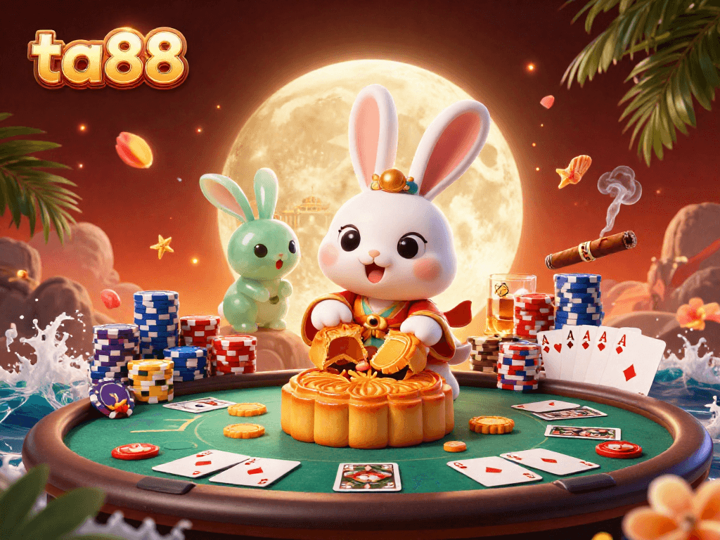 Engage with ta88’s exciting casino scene featuring a moon rabbit and golden poker chips.