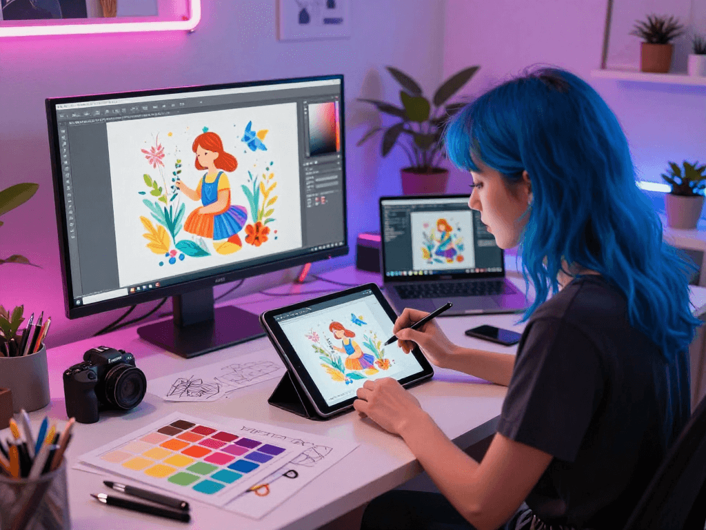 Artist using nsfw ai at a vibrant digital workspace, creating imaginative illustrations with high-tech tools and ambient neon lights.