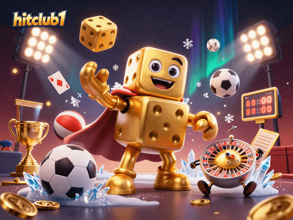 Hitclub1 showcases a dynamic casino scene with golden dice, twirling sports balls, and sparkling elements.