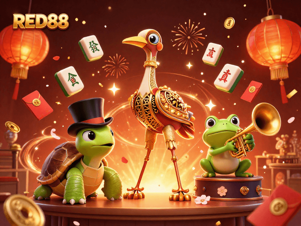 Experience thrilling gameplay at RED88 with vibrant characters and exciting elements in this stunning 3D illustration.