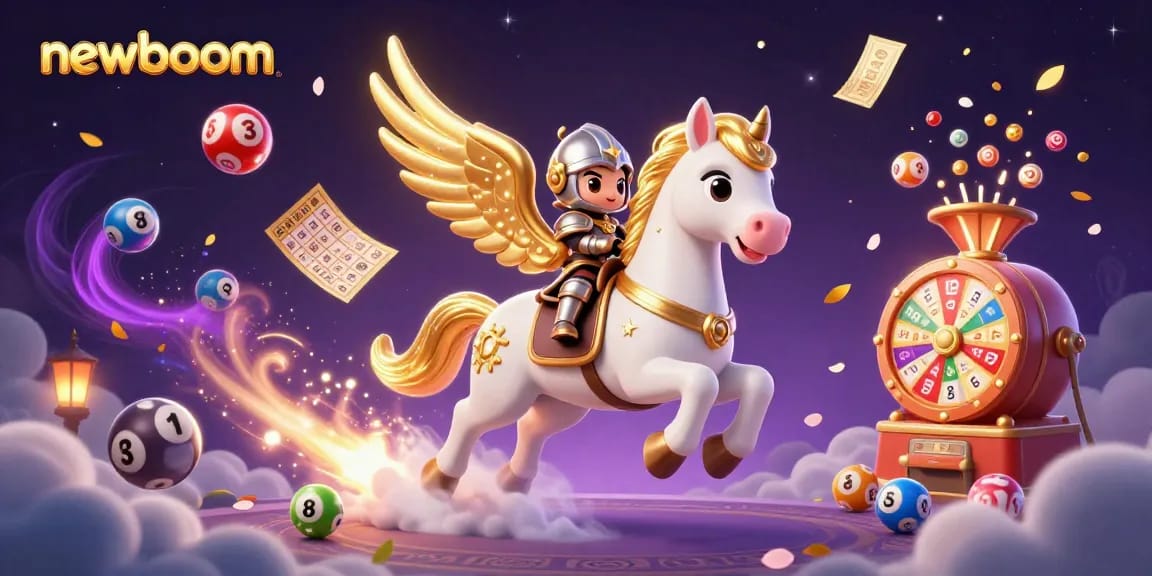 Engage with newboom's thrilling gaming environment featuring a celestial horse and knight in an exciting lottery scene.