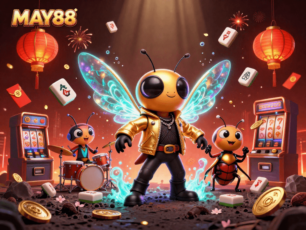MAY88 brings excitement with a vibrant 3D casino scene featuring a cicada rock star and immersive game elements.