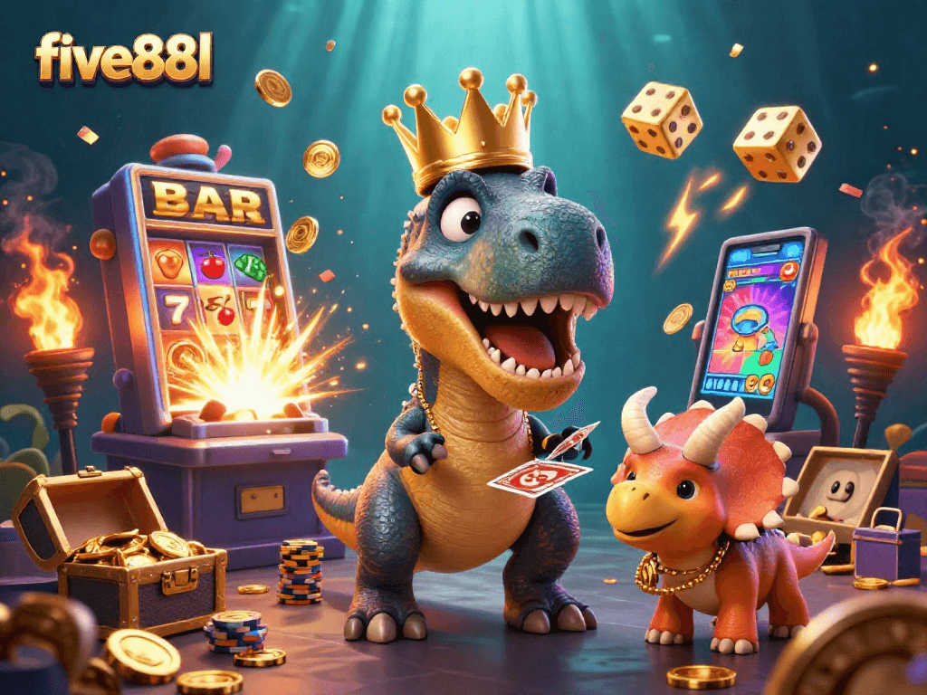 Experience the excitement of five88l with a playful T-Rex dealing cards and treasure explosions in a vibrant casino scene.