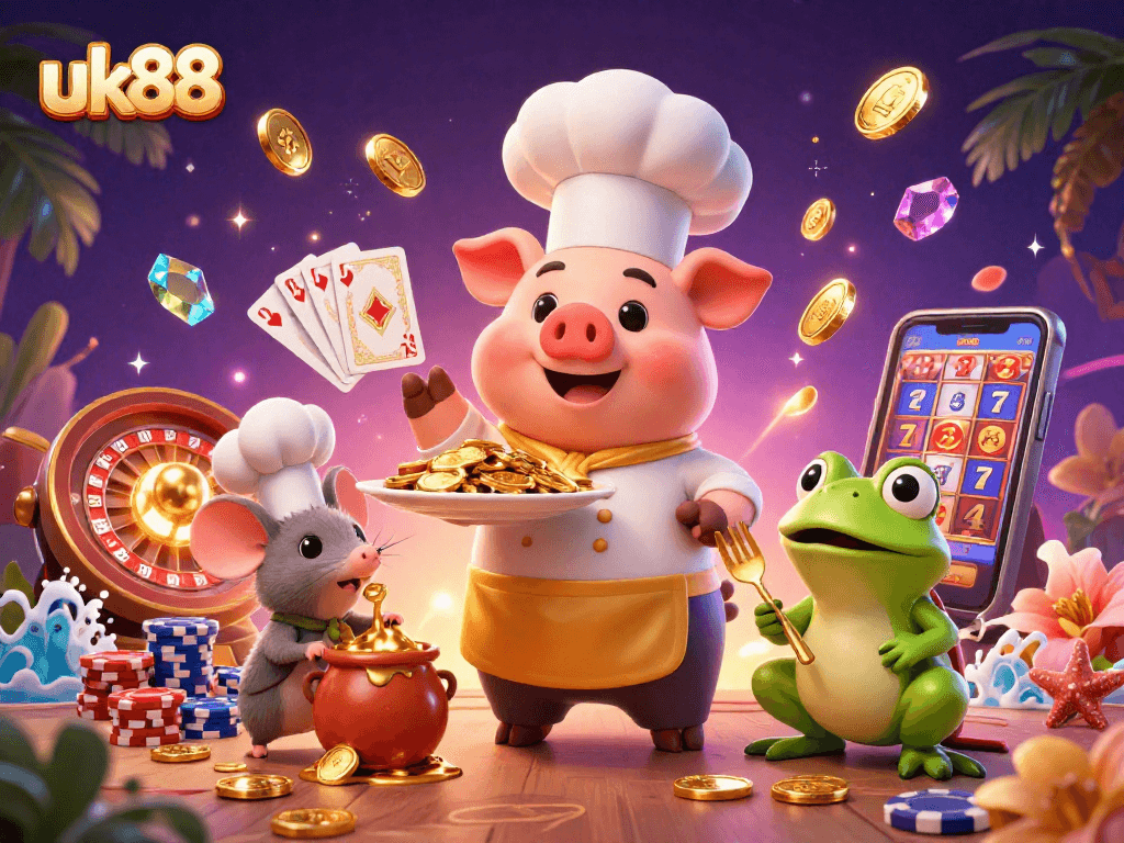 Experience the excitement of gambling with uk88's vibrant 3D illustration showcasing dynamic casino elements.