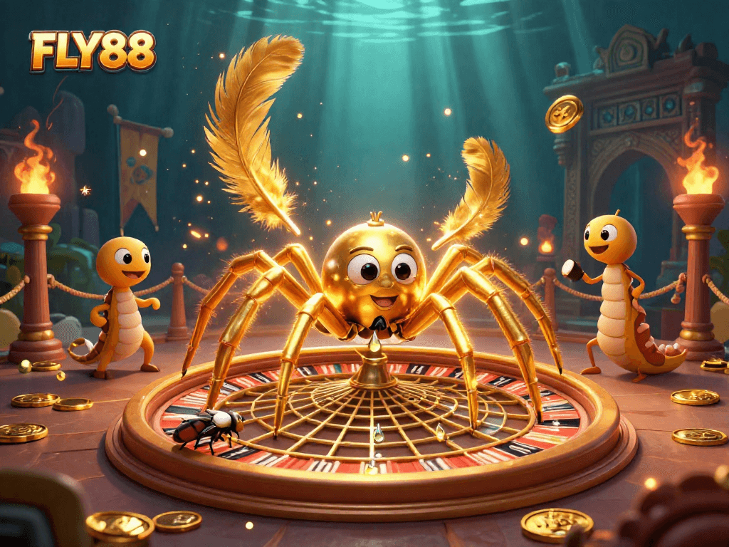 Play games at FLY88 with a cartoon spider spinning a roulette web, showcasing thrilling gambling