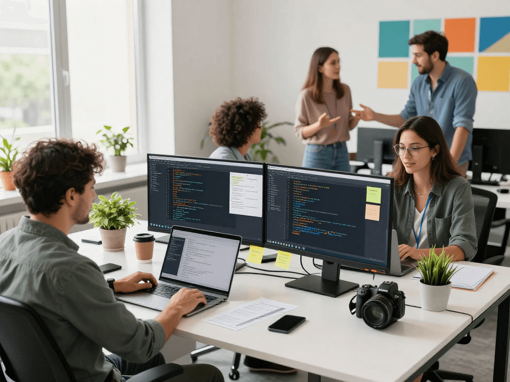 Team collaborating remotely using ToDesk software in a vibrant workspace.