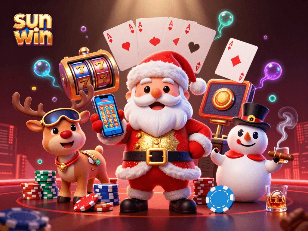 Experience the excitement of sun win slots with Santa and friends in a vibrant casino scene.