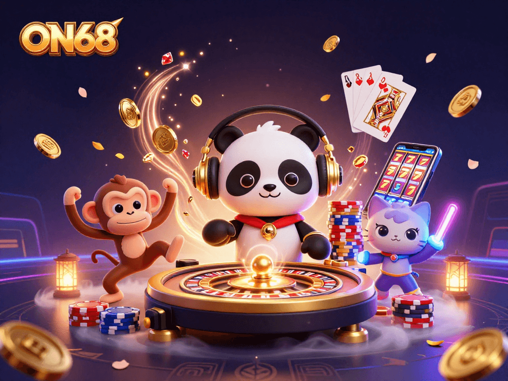 Engage with the thrilling world of ON68, showcasing fun, vibrant gaming elements and characters in a lively casino setting.