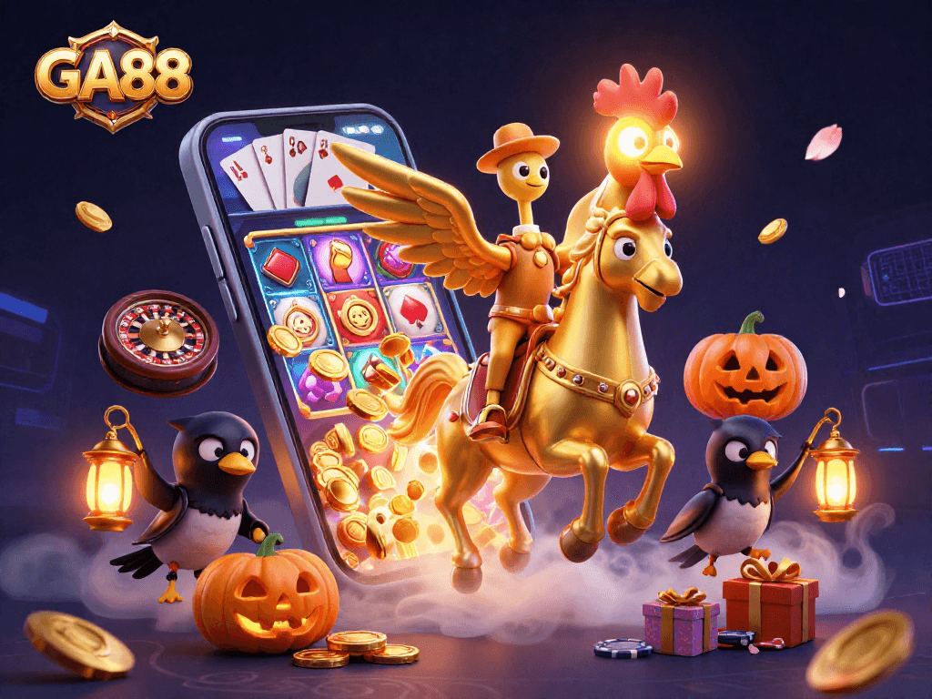 Experience thrilling gameplay with GA88 in a vibrant casino scene featuring a golden rooster.