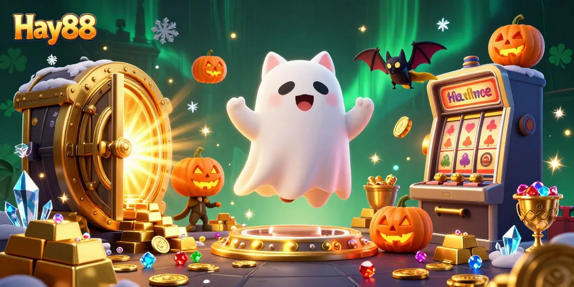 Spin the reels at Hay88 with a ghost cat and vampire bat in a haunted casino setting.