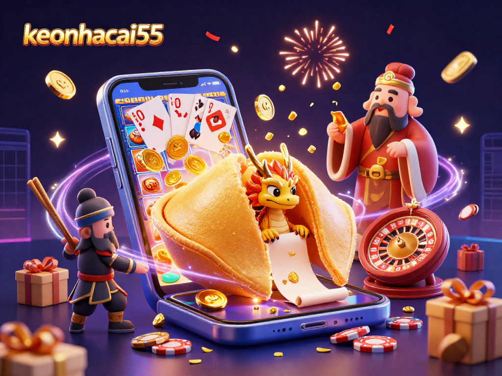 Spin to win with keonhacai55 showcased in a vibrant casino-themed 3D illustration.