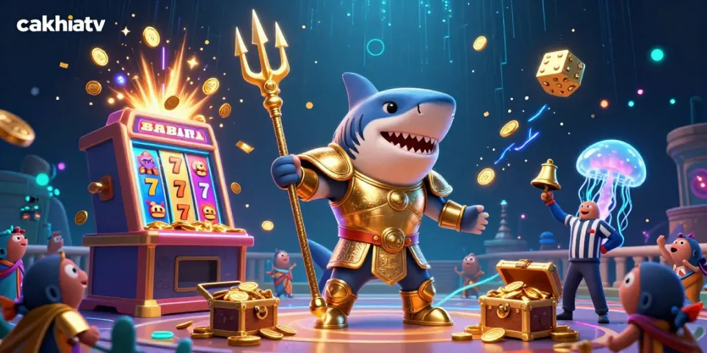 CakhiaTV showcases exciting underwater casino action with a shark gladiator, slot machine, and vibrant game elements.