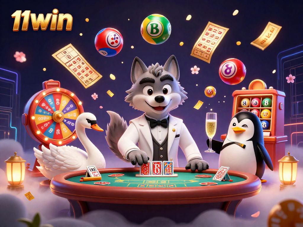 Experience 11WIN's lavish gambling atmosphere with a debonair wolf and elegant characters dealing thrilling casino moments.