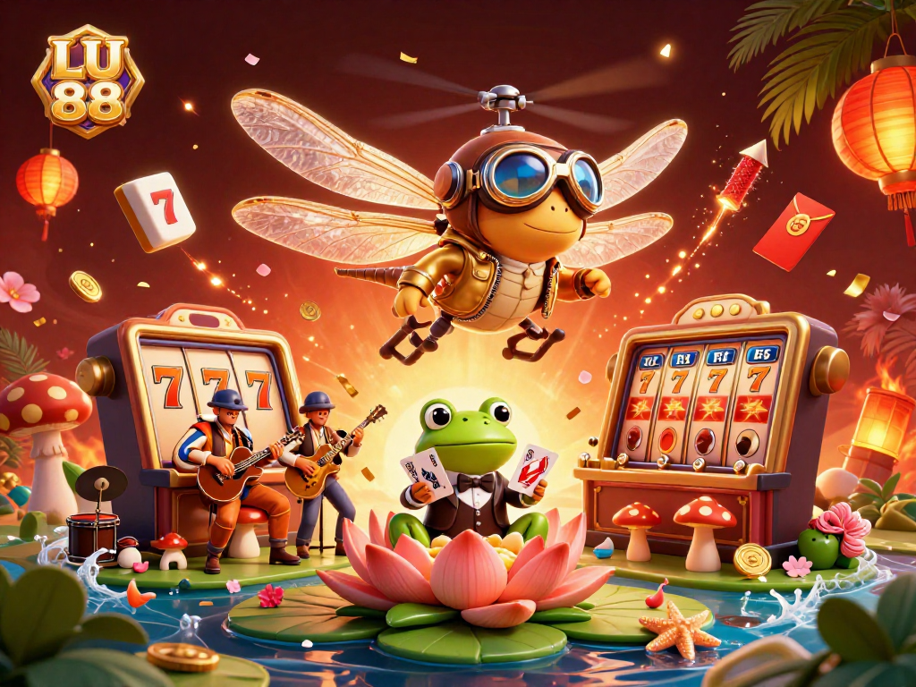 Experience the thrilling LU 88 slots as a dragonfly pilot interacts with a frog croupier and jazz musicians in vivid 3D.