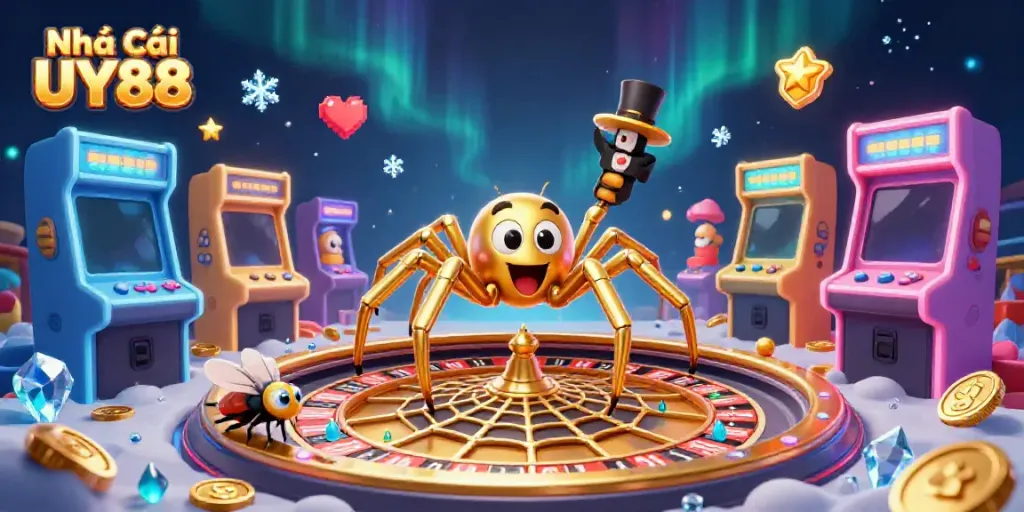 Experience thrilling bets with Nhà Cái UY88 in a vibrant casino-themed 3D scene.