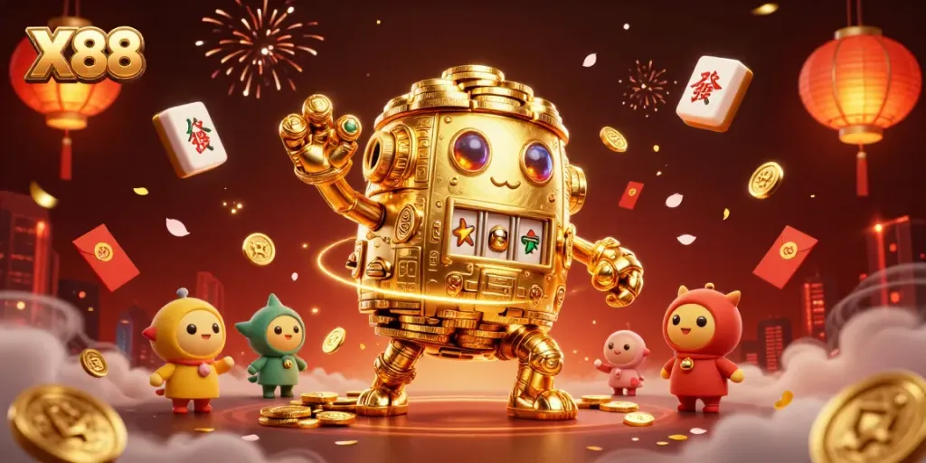 X88 golden golem animation showcasing vibrant casino elements and lucky symbols.