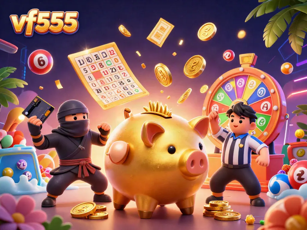 Engage in thrilling casino action with vf555 as a golden piggy bank sumo wrestler and colorful lottery elements.