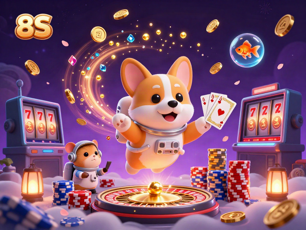 Experience thrilling casino action with 8S: a cartoon astronaut corgi amidst golden coins and games.