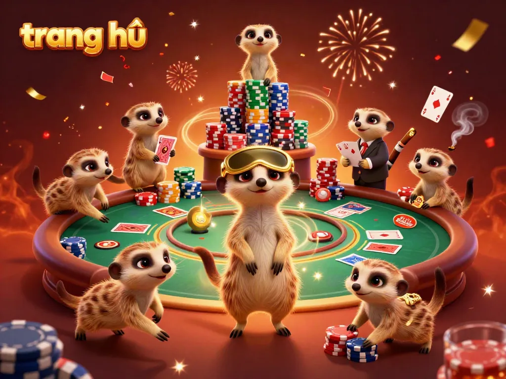 Experience the vibrant energy of the casino world at trang chủ with meerkats dancing among poker chips and games.