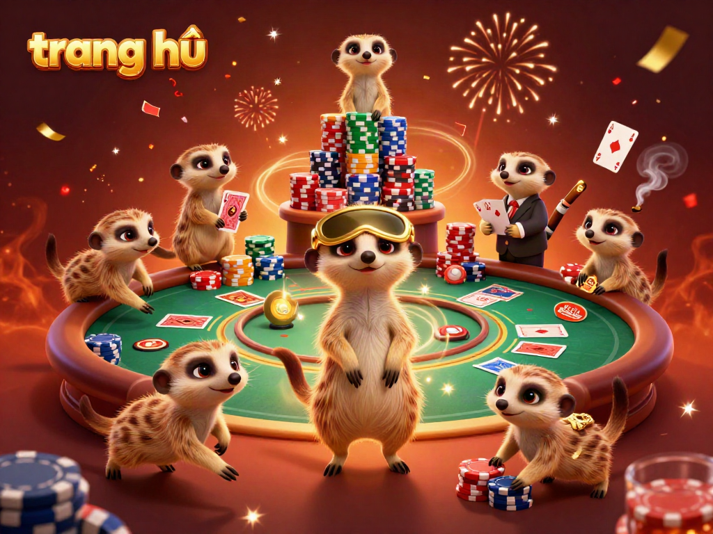 Experience the vibrant energy of the casino world at trang chủ with meerkats dancing among poker chips and games.