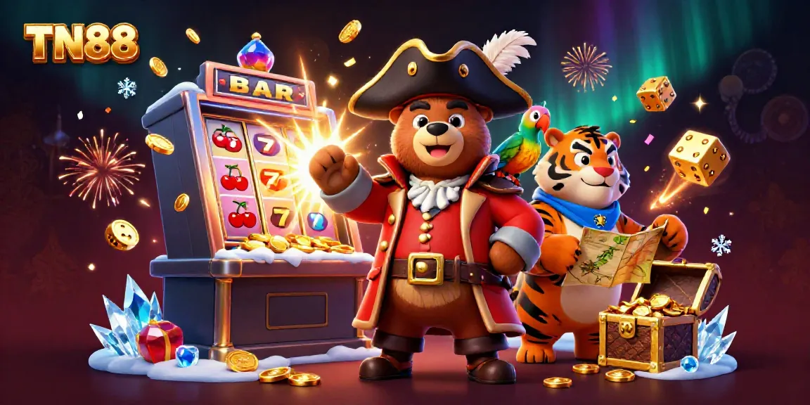 Experience the excitement of TN88 with a pirate bear, tiger, and golden parrot amid jackpots and casino elements.
