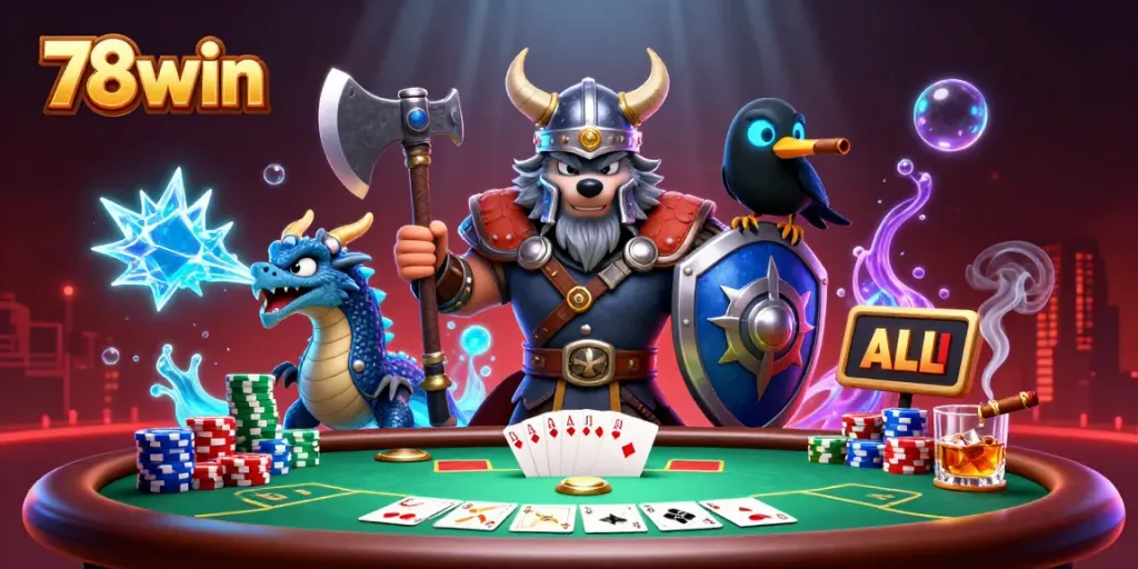 Engage with 78win's thrilling poker scene featuring warriors and magical creatures in a vibrant casino setting.