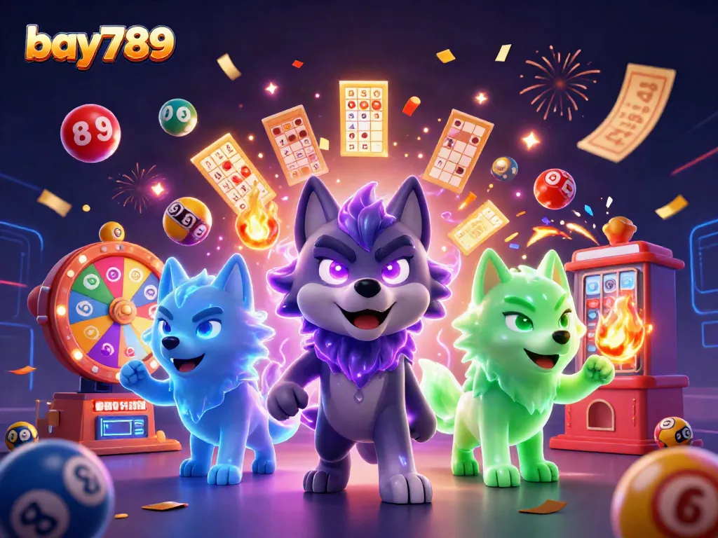 Experience the thrill of bay789 with a vibrant 3D illustration of a wolf leader and casino elements.