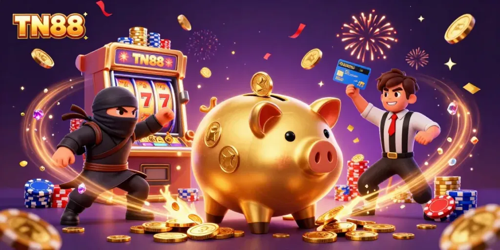 Engage with a dynamic TN88 casino scene featuring a golden piggy bank sumo wrestler, dazzling coins, and a jackpot slot.