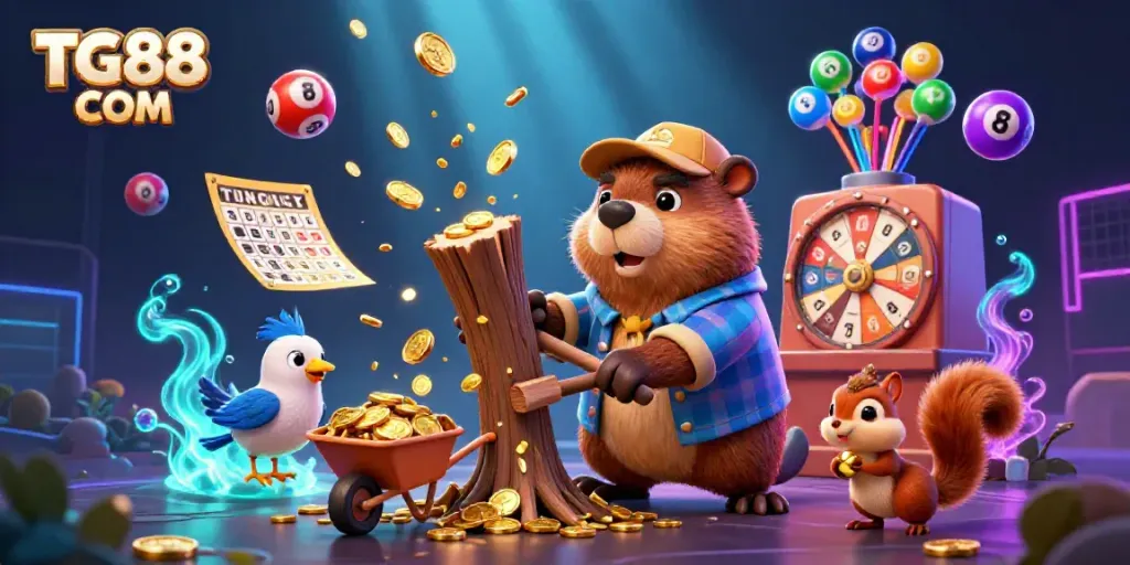 Experience the thrill of winning at TG88 COM with a vibrant 3D illustration showcasing a carefree scene of a beaver, bird, and squirrel collecting golden coins.