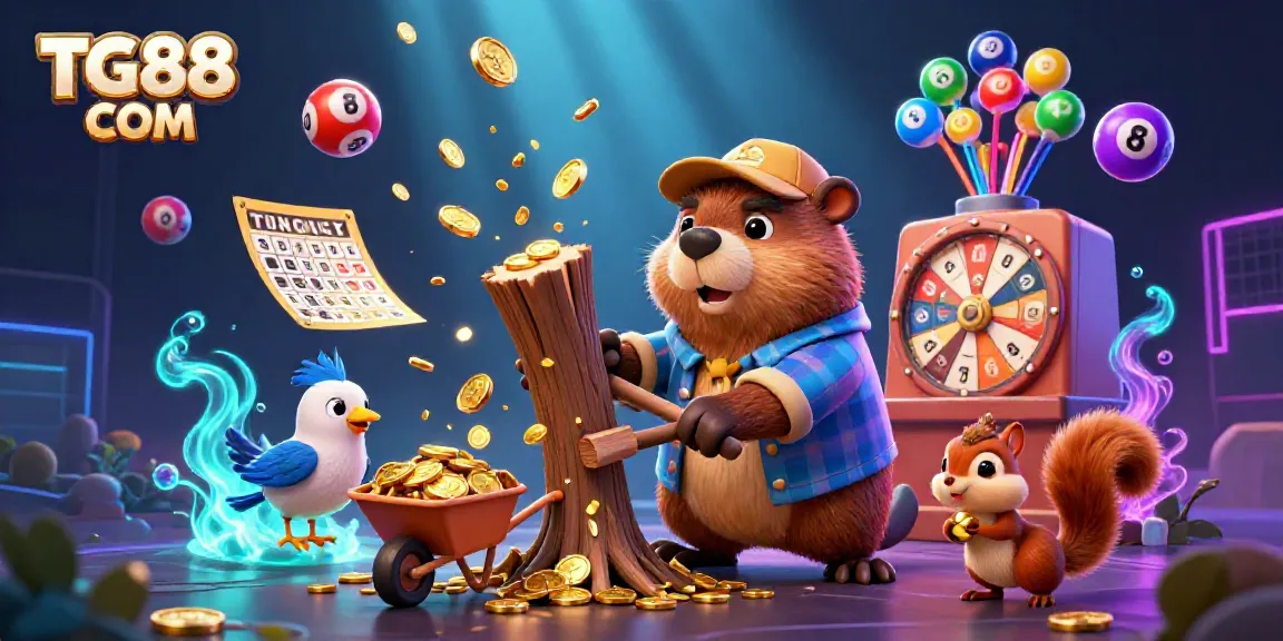 Experience the thrill of winning at TG88 COM with a vibrant 3D illustration showcasing a carefree scene of a beaver, bird, and squirrel collecting golden coins.