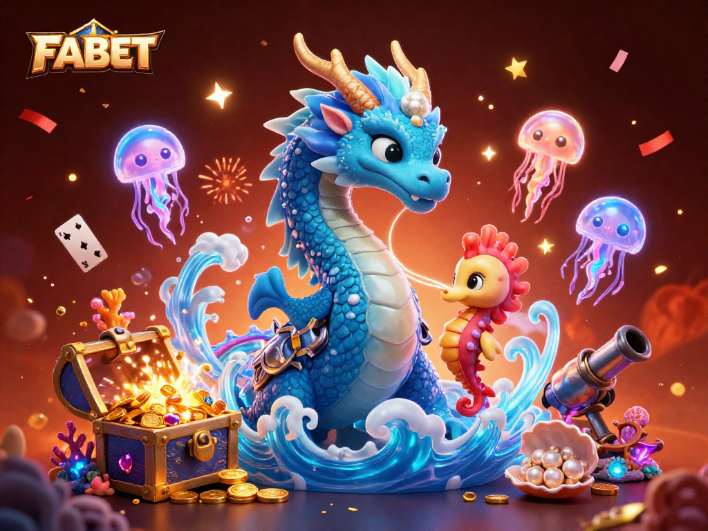 Experience thrilling gameplay at FABET with an azure water dragon and seahorse knight amidst magical underwater riches.