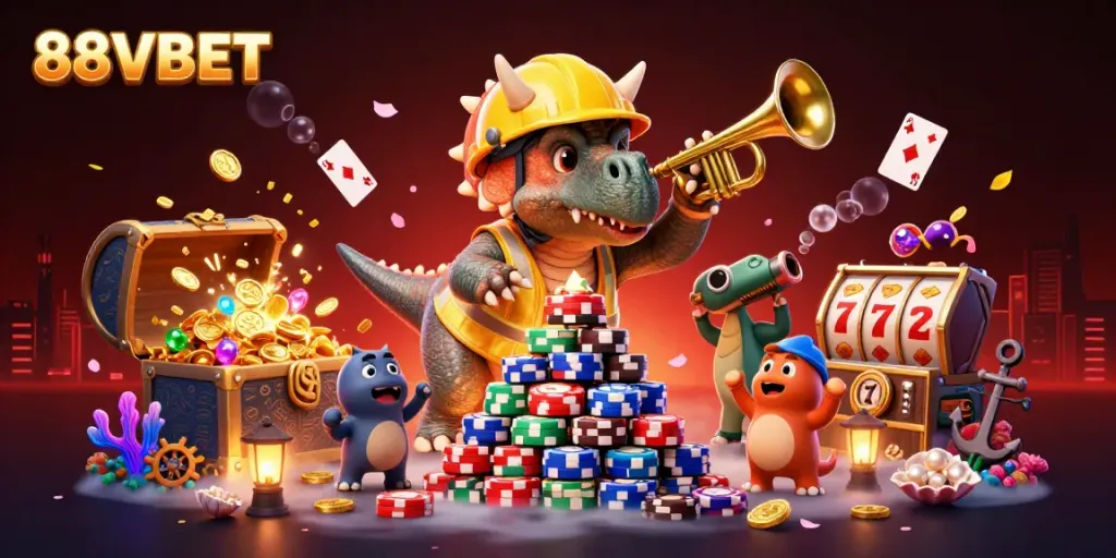 88VBET triceratops builds a poker chip pyramid with vibrant scenes of celebration in an online casino.