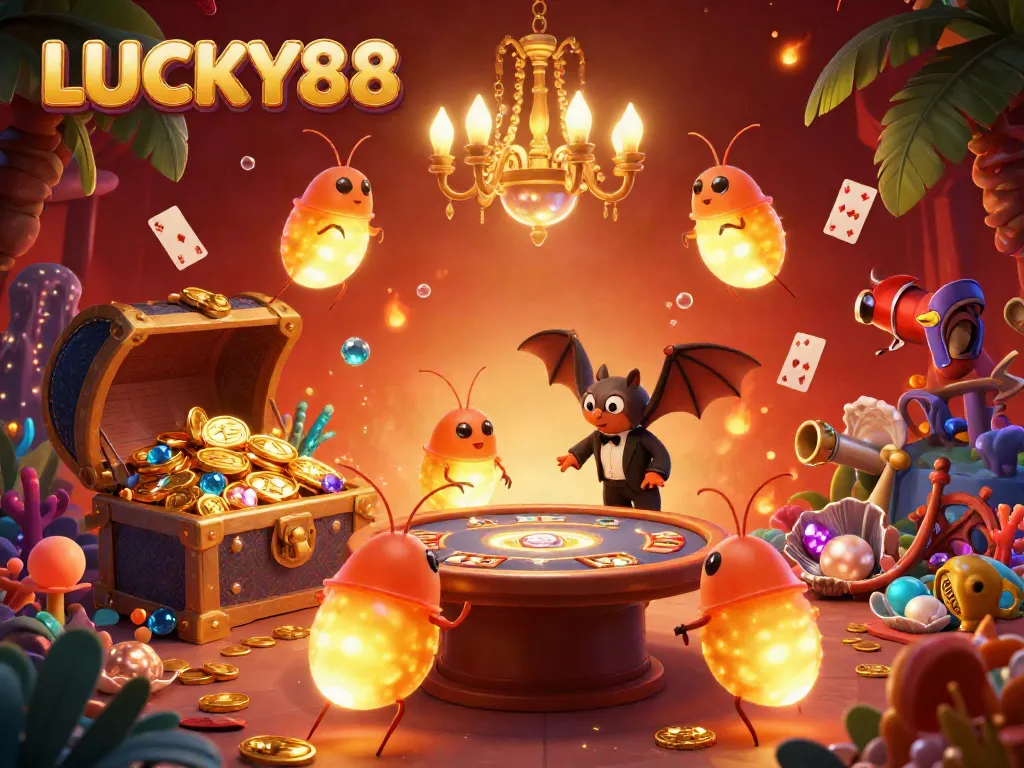 Experience the lively atmosphere of LUCKY88 with glowworms lighting up a vibrant casino scene.