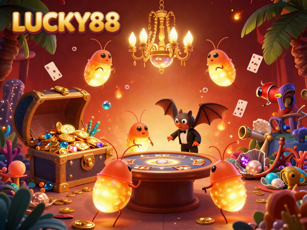 Experience the lively atmosphere of LUCKY88 with glowworms lighting up a vibrant casino scene.