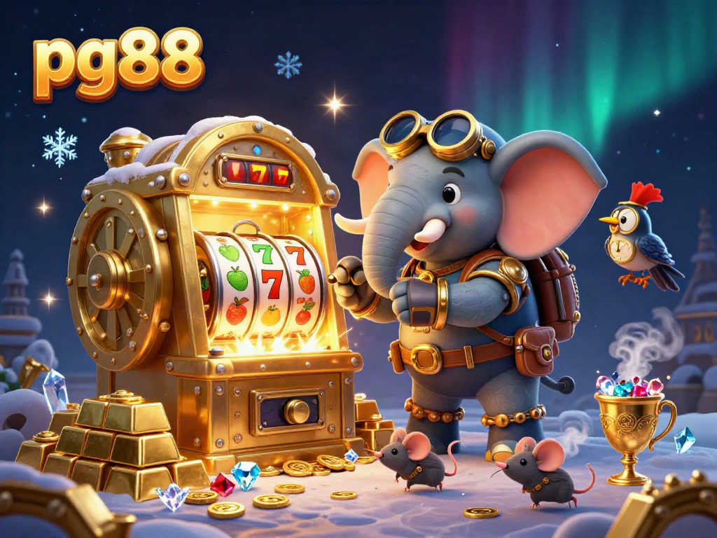 Engage with pg88’s vibrant casino scene, showcasing a dynamic steampunk elephant operating a golden slot machine.