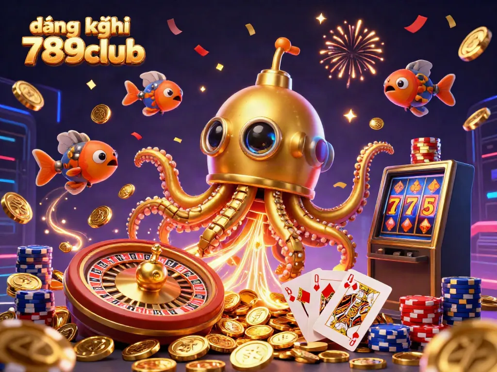 Engage with the thrilling world of đăng ký 789club, featuring a golden kraken submarine alongside vibrant casino elements like shimmering coins and cards.
