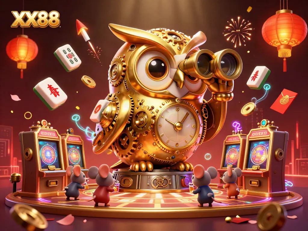Engage with the vibrant XX88 casino ambiance featuring a majestic golden owl and dynamic gaming elements.