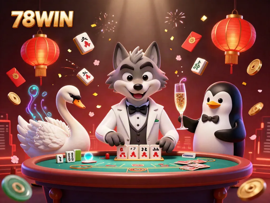 Experience excitement at 78WIN with sleek gaming characters and dynamic casino elements in this vibrant illustration.