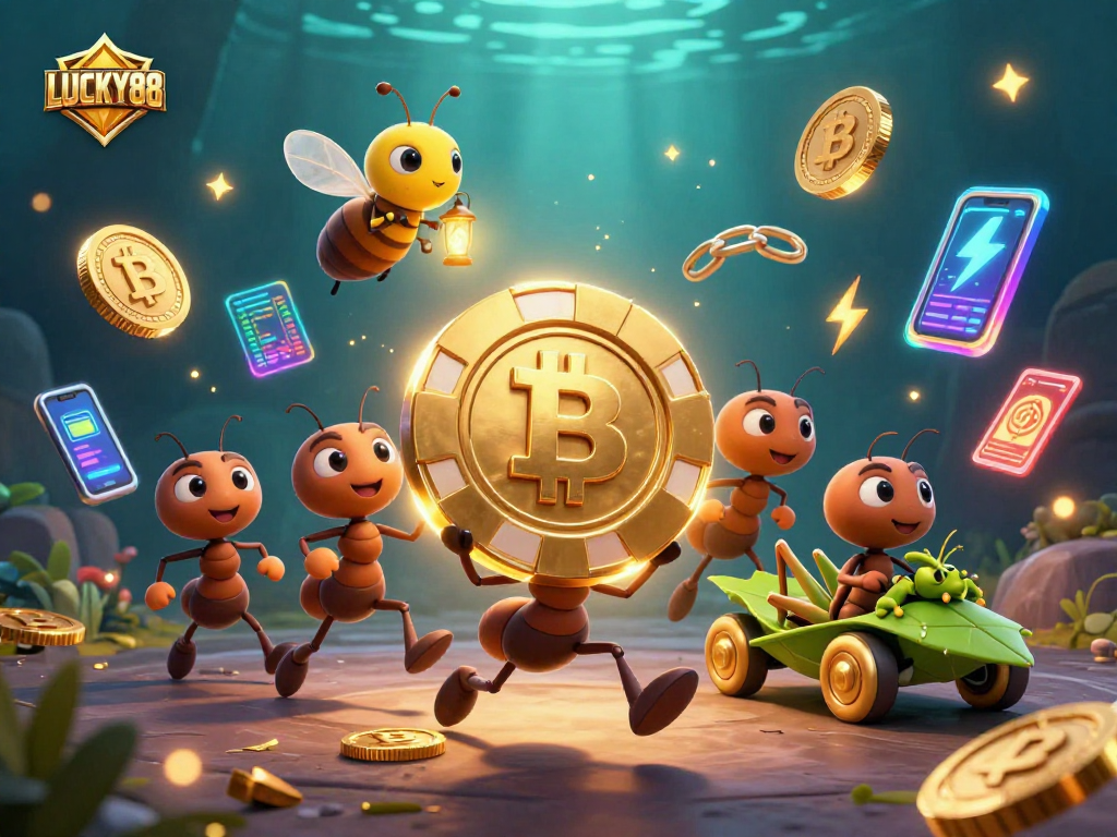 Experience the excitement of LUCKY88 as cartoon ants heist a giant poker chip amidst vibrant crypto elements.