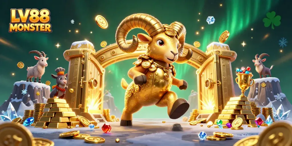 Experience thrilling action with LV88 MONSTER featuring a wealthy golden ram charging through a treasure-filled casino.