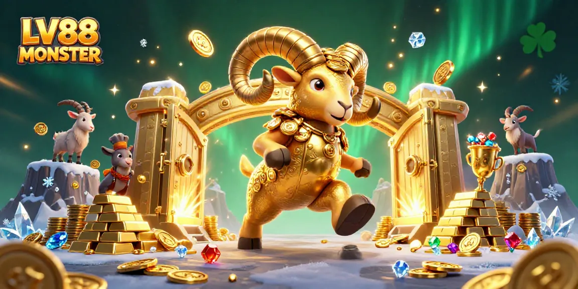 Experience thrilling action with LV88 MONSTER featuring a wealthy golden ram charging through a treasure-filled casino.