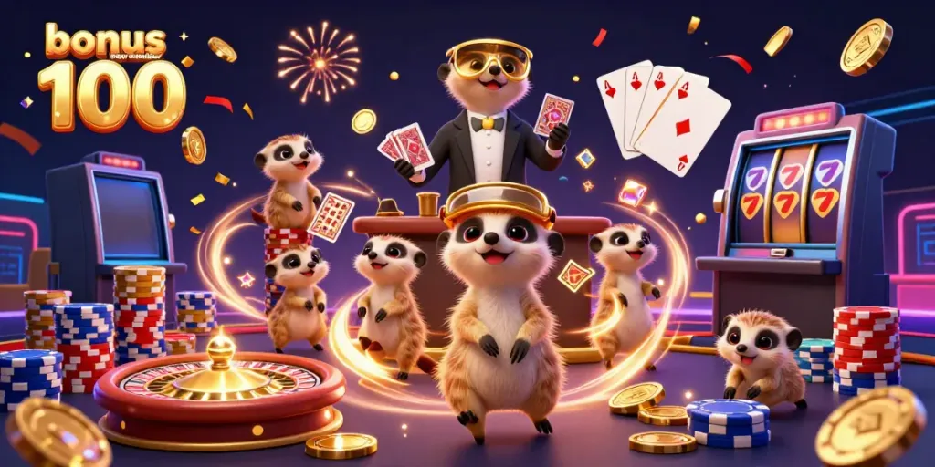 Cascading coins and gems surround meerkats promoting bonus new member 100 in an exciting casino scene.