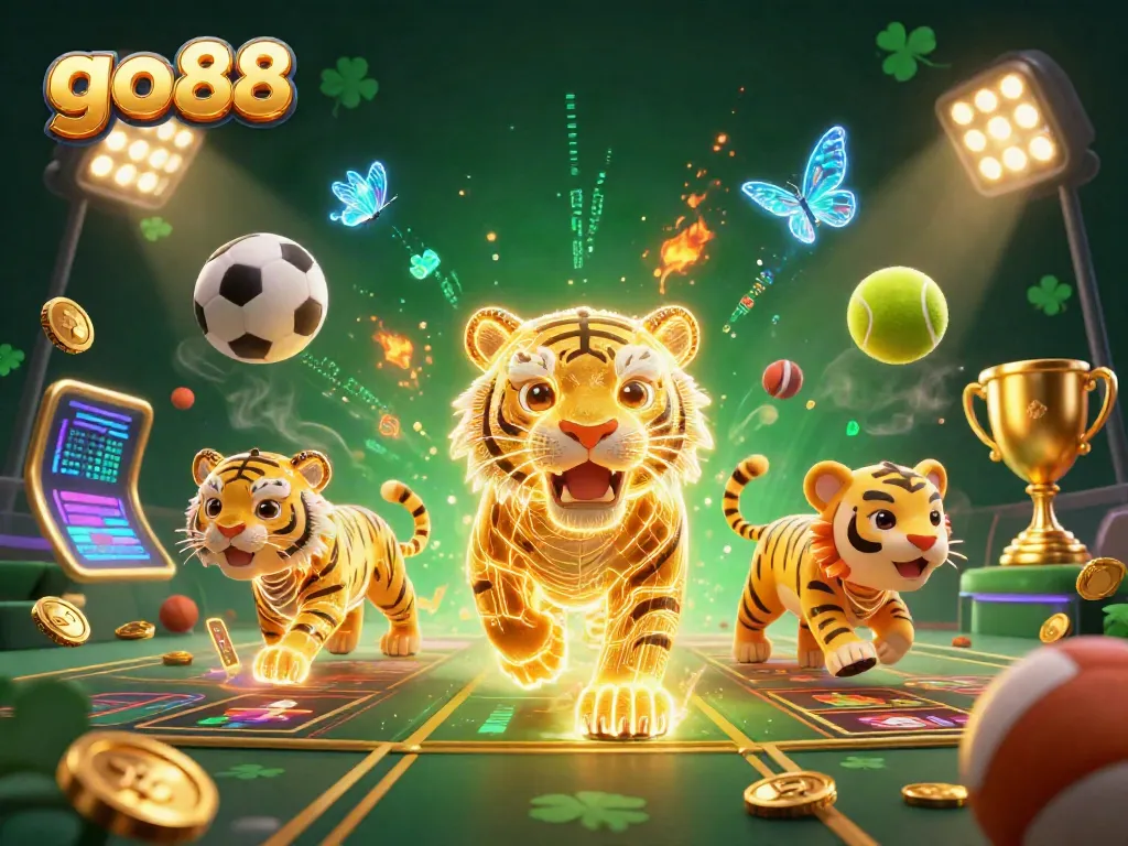 Engage in thrilling gaming experiences at go 88 with a vibrant digital casino featuring a golden tiger and holographic butterflies.