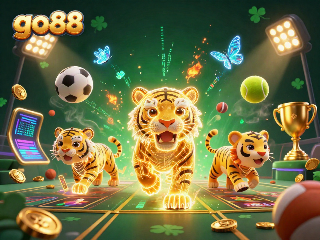 Engage in thrilling gaming experiences at go 88 with a vibrant digital casino featuring a golden tiger and holographic butterflies.