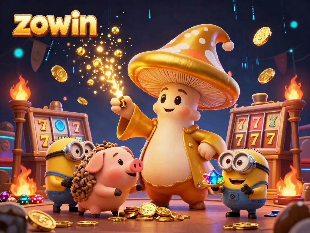 Engage with Zowin's magical golden gaming world, featuring vibrant fantasy characters and casino elements.