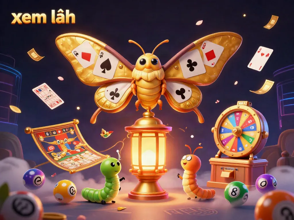 Experience vibrant casino magic with "xem thêm," featuring a moth with card suits, colorful gaming elements, and dynamic visuals.